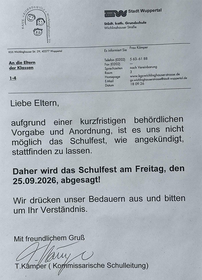 Absage des Schulfests am 25.9.2026